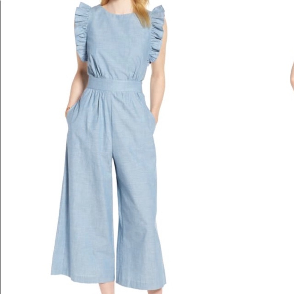 Chambray ruffle sleeve crop jumpsuit